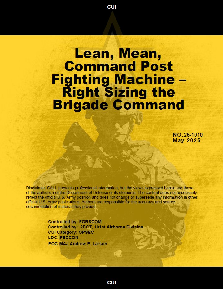 This paper analyzes the 2nd Brigade Combat Team, 101st Airborne Division (Air Assault)'s "Strike" approach to the C2 Fix assessment. Focus was placed on 1) battlefield array, 2) points of friction, and 3) future recommendations.

Link (CAC login required): go.army.mil/Lean_Mean_Comm…