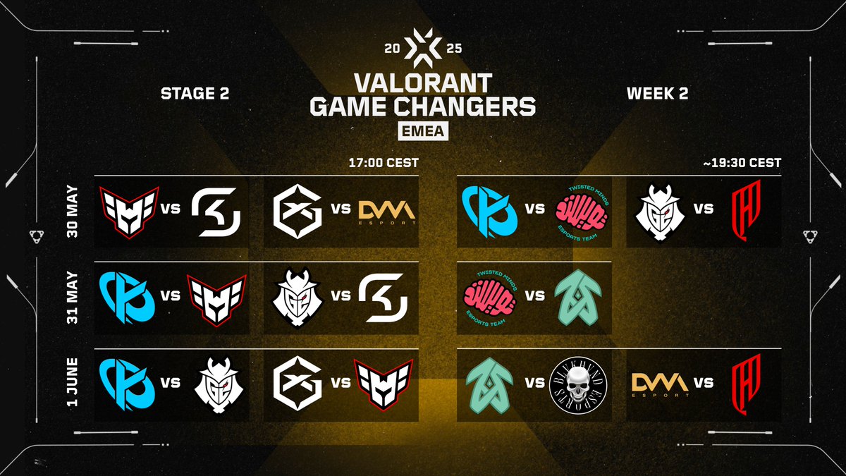 We are back with more #VCTGameChangersEMEA action! Stage 2 continues tonight at 17:00 CEST with some banger matches🔥

Check out the schedule below 👇 Tune in to the co-streams to watch your favourite team!