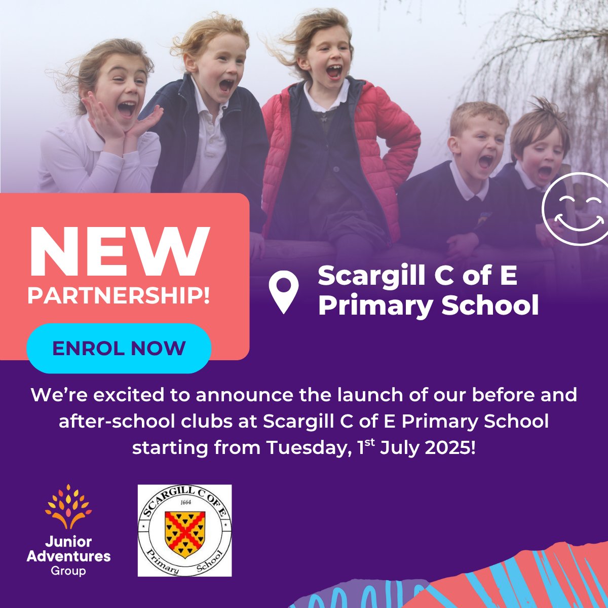 We're excited to be delivering our Rise then Shine &amp; Stay and Play clubs at <a href="/scargill_school/">Scargill C of E Primary School</a> every day throughout the academic year starting from Tuesday, 1st July!

Find out more and enrol today at junioradventuresgroup.co.uk/find-us/scargi…

Claim a free session using code TRYSCARGILL