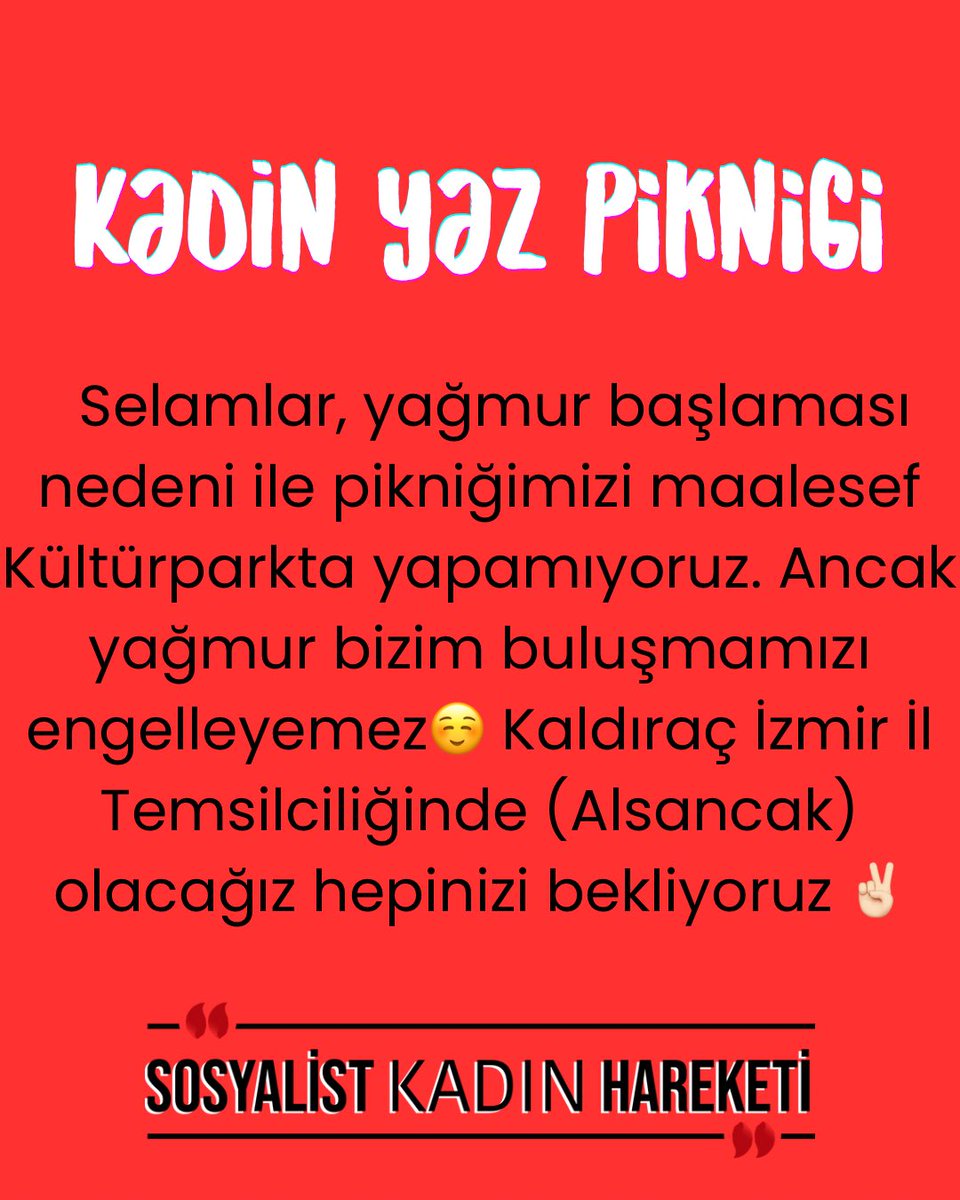 📍İzmir

Yağmur başlaması nedeni ile pikniğimizi maalesef kültürparkta yapamıyoruz. Ancak yağmur bizim buluşmamızı engelleyemez☺️ Kaldıraç İzmir İl Temsilciliğinde (Alsancak) olacağız hepinizi bekliyoruz ✌🏻