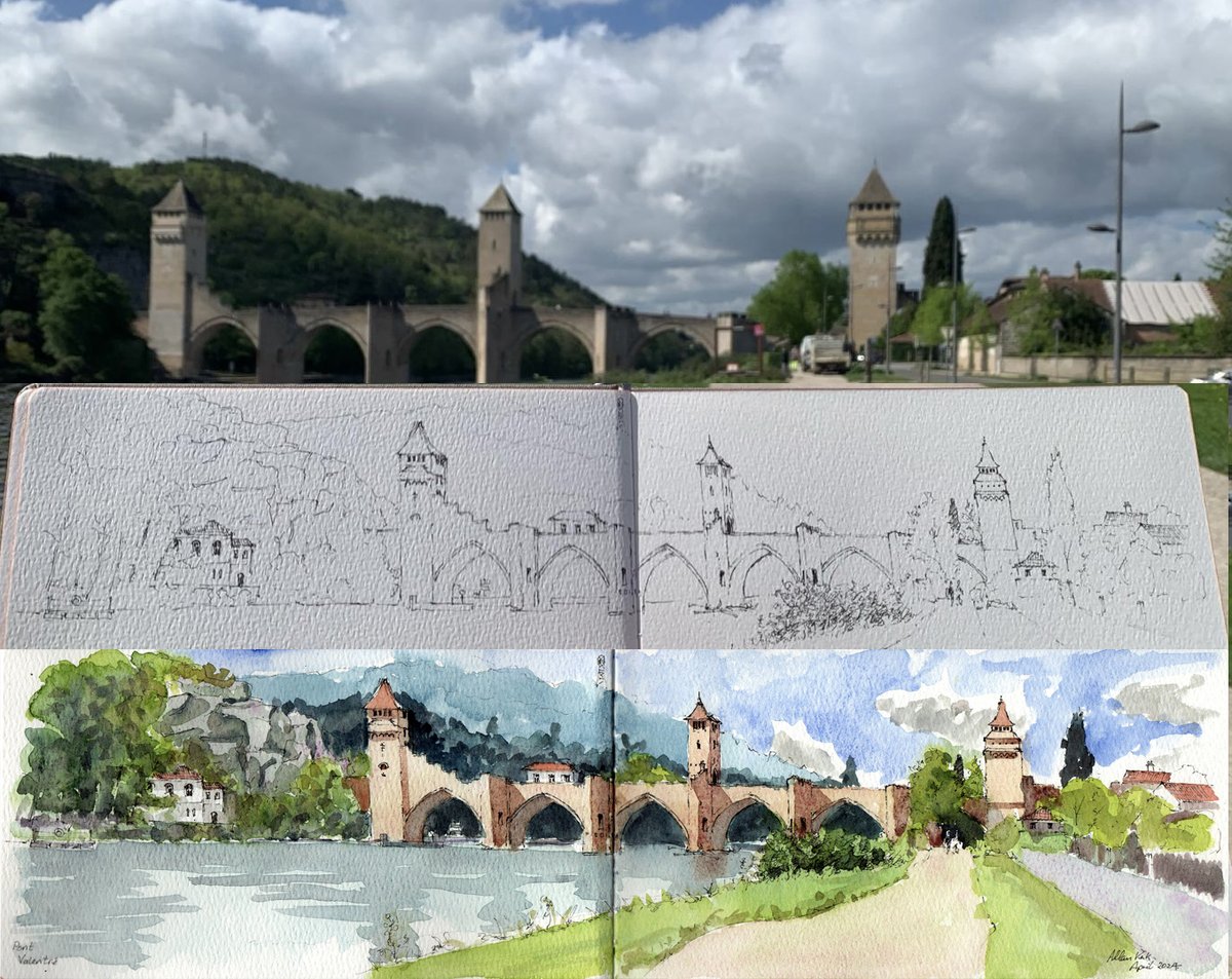 Cahors on the Lot river pen ink and watercolour on A5 stitched watercolour pad #sketchbook #urbansketcher #urbansketchers #sketch #urbansketch #sketchtravel #usk #akirk54 #landscapepainting #watercolour #thedailysketch #drawing