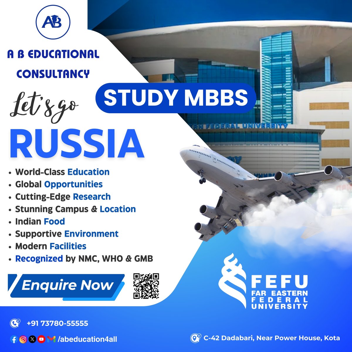 abeducation4all's tweet photo. 🌍✈️ Dreaming of a global medical career?
Study MBBS in Russia with A B Educational Consultancy at Far Eastern Federal University (FEFU) – your gateway to a world-class education and global opportunities! 🇷🇺👨⚕️👩⚕️
#MBBSAbroad #FEFU #Russia #ABEducationalConsultancy #Kota https://t.co/mvWimwxYML
