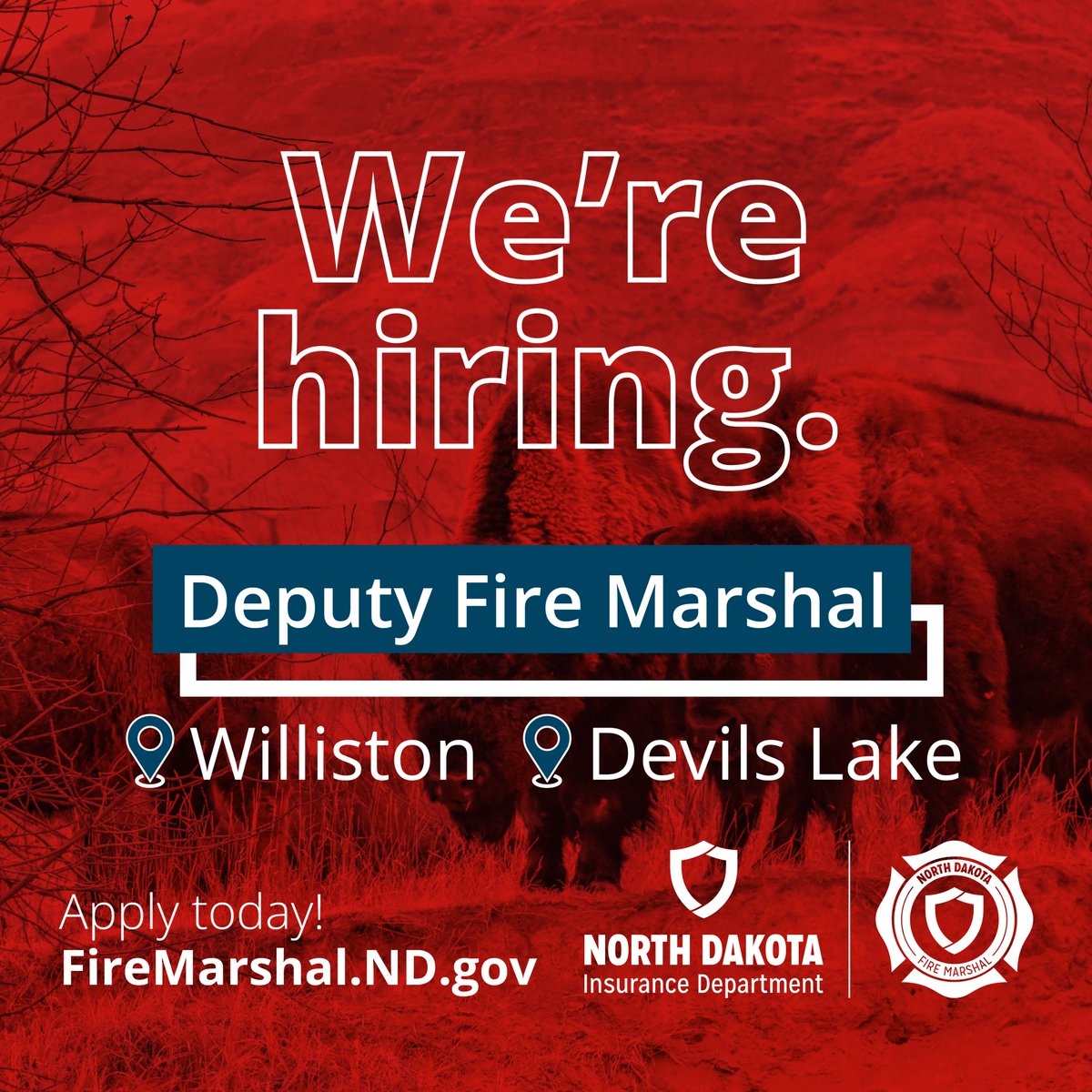 We’re hiring two Deputy Fire Marshals in Devils Lake and Williston. Join our team to investigate fires, inspect buildings, and promote fire safety across North Dakota.
Apply now: bit.ly/3y2EVg8
