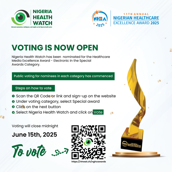 nighealthwatch's tweet photo. 🚨BIG NEWS 🚨

We are excited to announce that we have been nominated for the 2025 Nigerian Healthcare Excellence Awards- Electronic under the Special Awards Category at the Nigeria Healthcare Excellence Awards (@NHEAeventlive)! 

Public voting is now open, and your support can help us bring this award home.

Please follow these simple steps to vote for us!👇

#NHEA2025