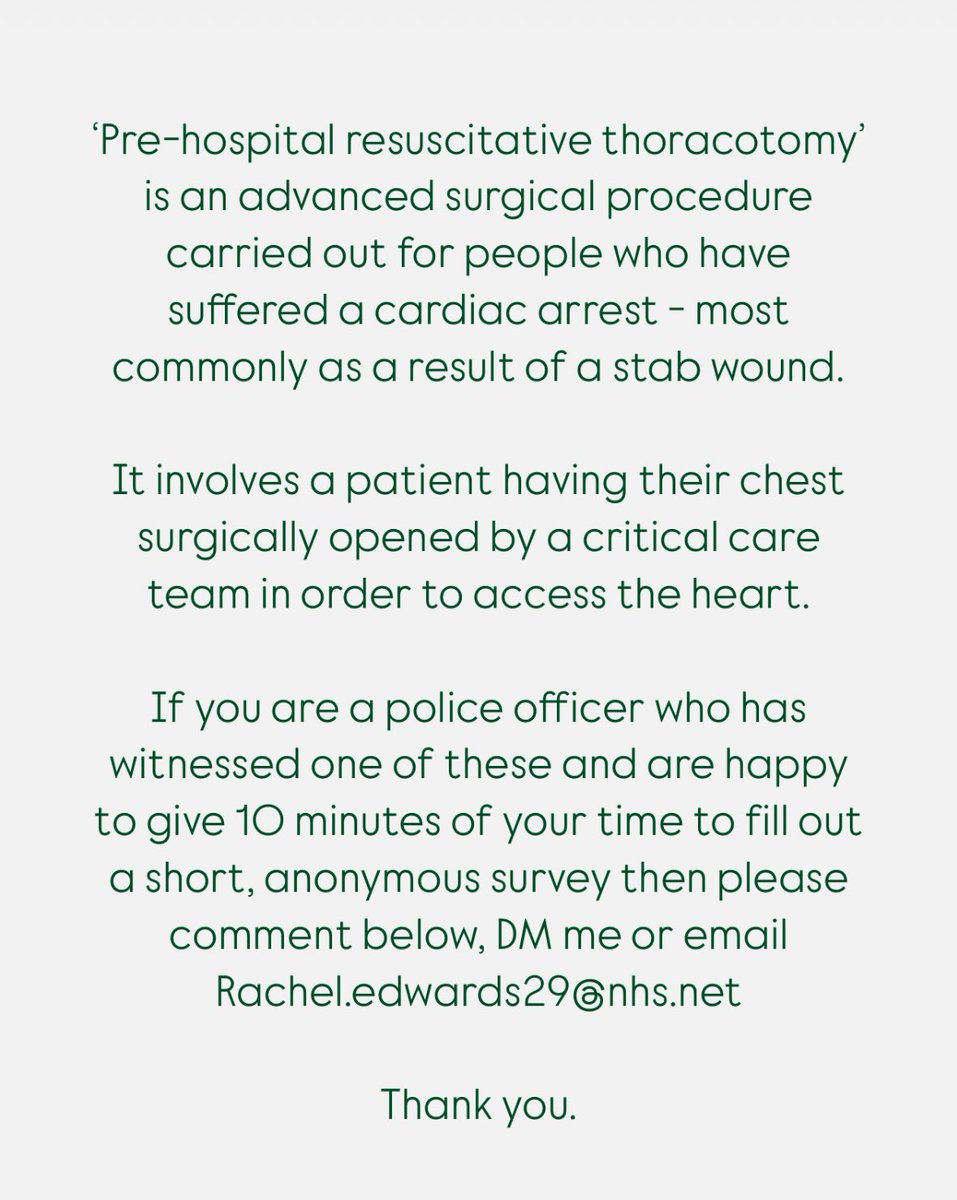 Rachel Edwards (@rachelgemma90) on Twitter photo Myself & <a href="/ThomasBurton12/">Thomas Burton</a> are carrying out research into the short & long term psychological impact on police officers of witnessing prehospital resuscitative thoracotomy.
Please re-tweet, share & send to anyone you think it might be relevant to. Myself & <a href="/ThomasBurton12/">Thomas Burton</a> are carrying out research into the short & long term psychological impact on police officers of witnessing prehospital resuscitative thoracotomy.
Please re-tweet, share & send to anyone you think it might be relevant to.