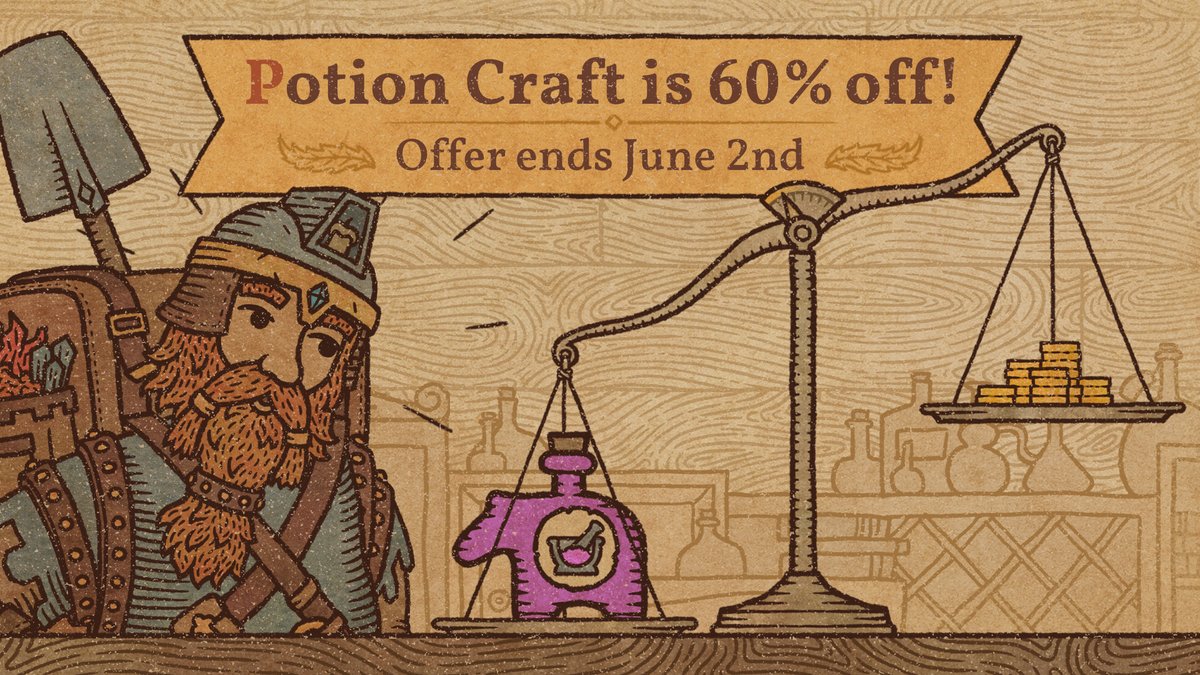 Save 60% on Potion Craft during Cozy &amp; Family-Friendly Games Celebration 2025. 

Get it here: store.steampowered.com/app/1210320/Po…