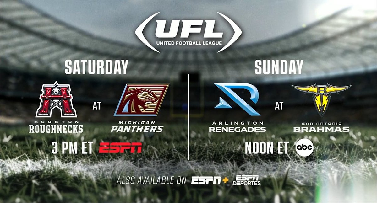 This weekend, ESPN's regular season #UFL schedule culminates with two Week 10 matchups

🏈 Sat | 3p ET | <a href="/XFLRoughnecks/">Houston Roughnecks</a> vs <a href="/USFLPanthers/">Michigan Panthers</a>
🏈 Sun | Noon ET | <a href="/XFLRenegades/">Arlington Renegades</a> vs <a href="/XFLBrahmas/">San Antonio Brahmas</a> 

Details: bit.ly/3C4HVNf