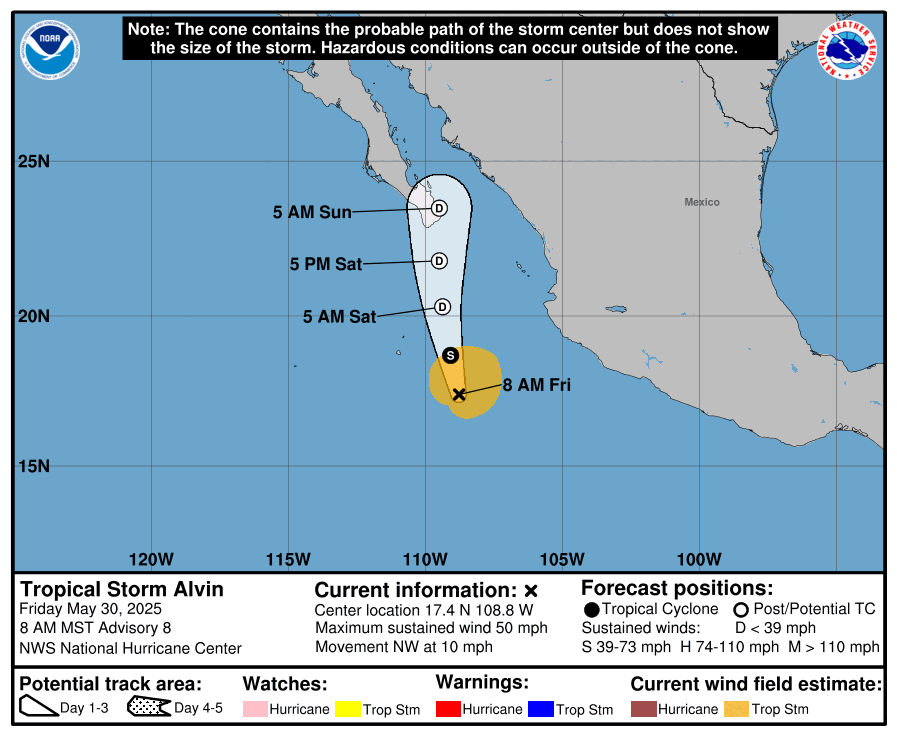 NHC_Pacific's tweet photo. 8am MST May 30: #Alvin is starting to feel the effects of strong wind shear and dry air. However, high surf &amp; rip currents will remain dangerous along the beaches of western mainland Mexico and southern Baja California through the weekend

Latest forecast: https://t.co/Oy8uoeRKme https://t.co/ficyig8Y9E