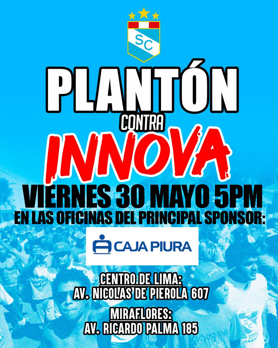 fverzaoriente's tweet image. ¡HOY TODOS AL PLANTÓN!
¿Dices amar a Cristal y estar harto de INNOVA? Hazte presente a hoy viernes las 5pm con tu polo del SC en alguna de las 2 oficinas de @cajapiura_pe, que es el principal sponsor del club, para que sepan que los vamos a rechazar mientras sigan apoyando a Joel…