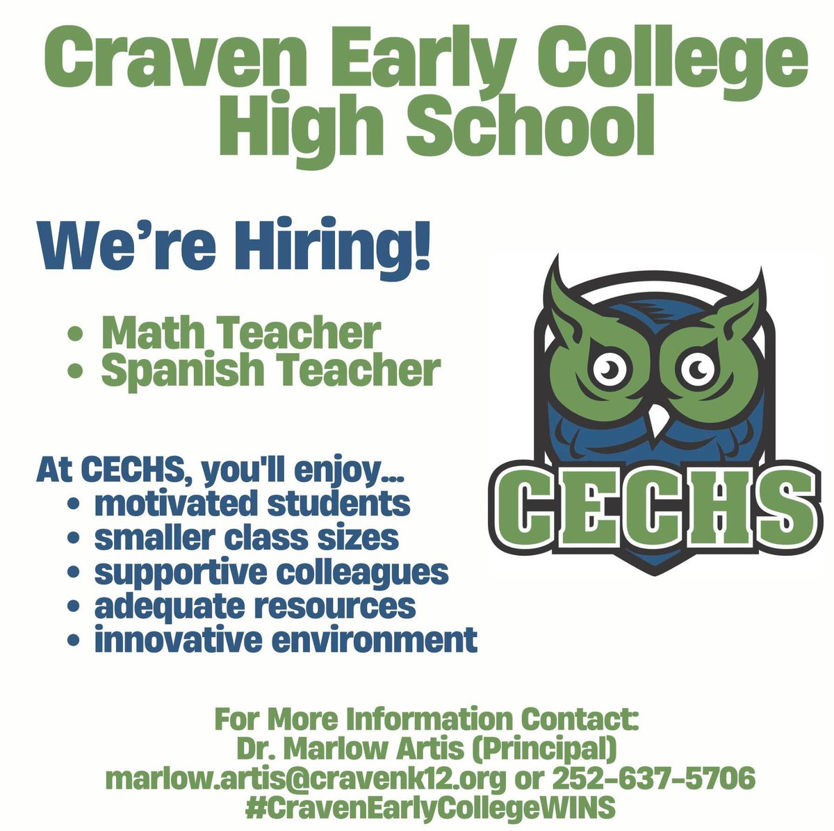 Craven Early College High School is searching for a Marvelous Math Teacher and a Spectacular Spanish Teacher to join the Owl's Nest for 2025-2026 Academic School Year! There are many benefits to working at our school including our fantastic students/families, smaller class sizes,
