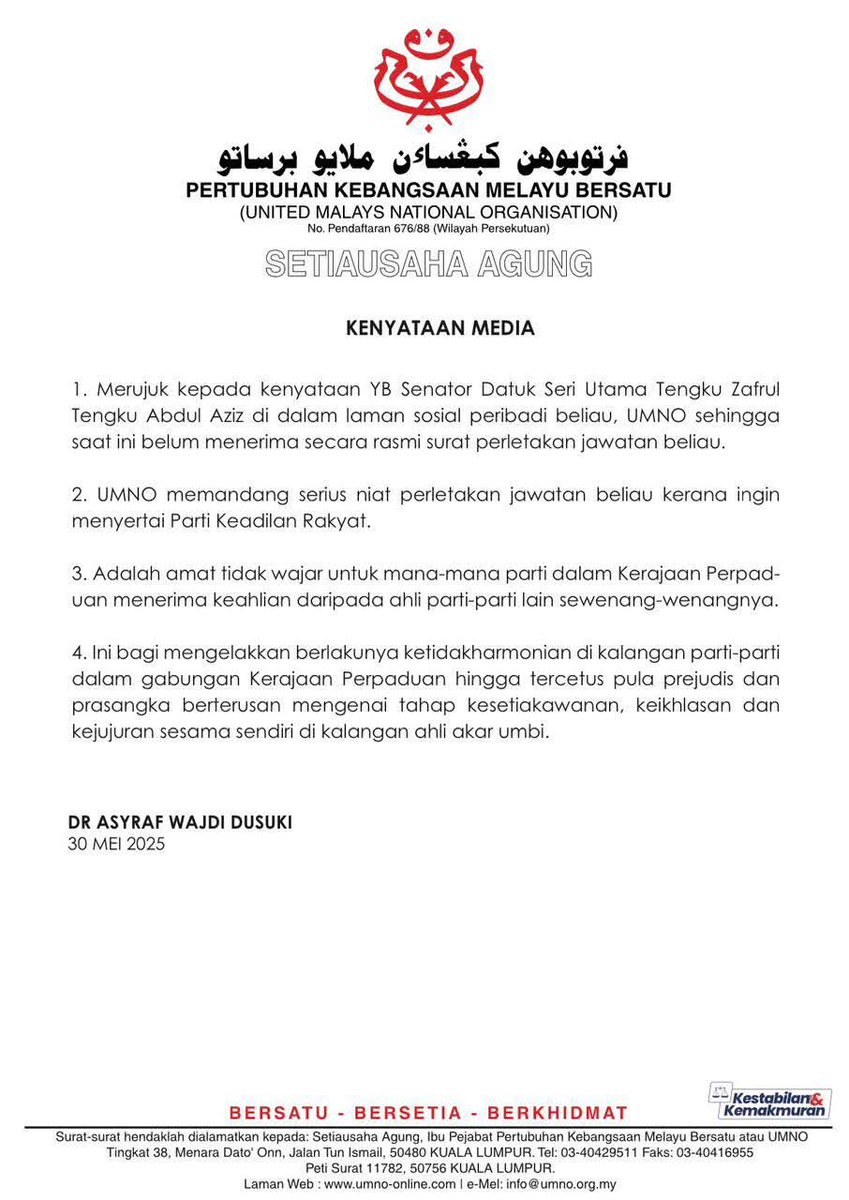 KENYATAAN MEDIA
SETIAUSAHA AGUNG UMNO
DATUK DR ASYRAF WAJDI DUSUKI