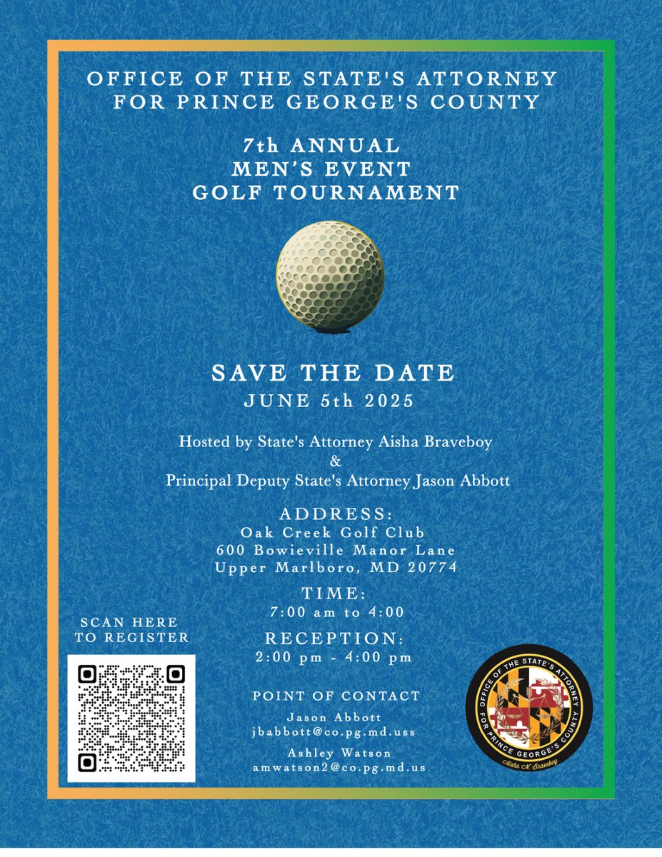 PGSAONEWS's tweet photo. Are you ready for this year’s Men’s Golf Tournament? It’s June 5th so get ready to come out and play!

State’s Attorney Braveboy and her team are excited to host the 7th annual Men’s Golf Tournament. It’s a fun day filled with golfing and eating. https://t.co/lNbBy3Z6WK