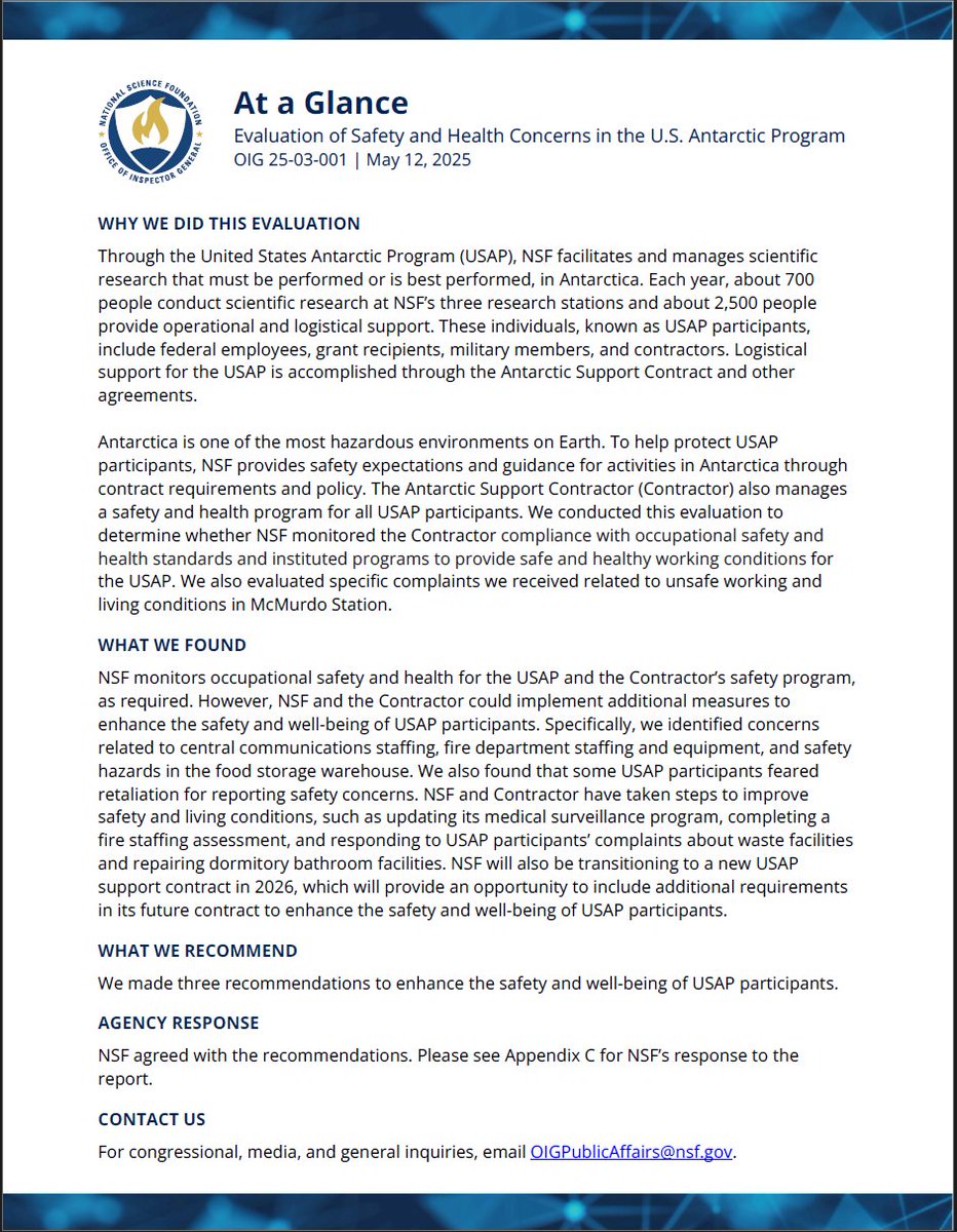 New Report: Evaluation of Safety and Health Concerns in the U.S. Antarctic Program, OIG Report No. 25-03-001 issued on May 12, 2025, (oig.nsf.gov/reports/inspec…)