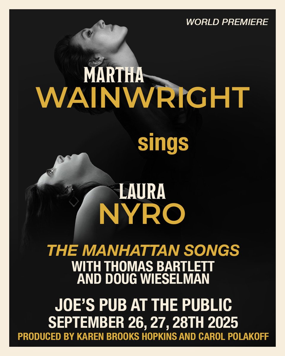 WainBright's tweet image. Singer-songwriter Martha Wainwright performs a legendary New York legacy with the world premiere Martha Wainwright Sings Laura Nyro.
Performances take place at @JoesPub on September 26 & 27 at 7pm, and September 28 at 6pm.
publictheater.org/performances-j…