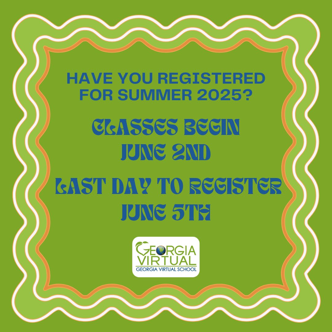 Have you registered for Summer 2025 courses? Classes begin on June 2nd and the last day to register is June 5th.
Visit gavirtuallearning.org/courses/ for specific course offerings and gavirtuallearning.org/ga-virtual-sch… sign up.