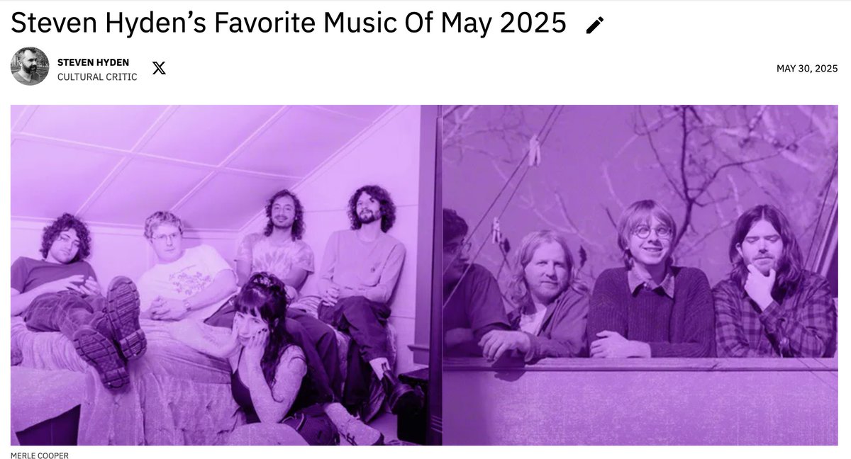 Steven Hyden (@steven_hyden) on Twitter photo Wrote about my favorite music of May 2025 s/o <a href="/wednesdayband/">TheGirl Wednesday</a> <a href="/florrymusicband/">Florry</a> <a href="/friendship_tm/">Friendship</a> @countingcrows <a href="/convenienceband/">the convenience</a> @eliwinter9 <a href="/alienboypdx/">alien boy</a> <a href="/homeiswhereband/">Home Is Where</a> <a href="/goosetheband/">Goose</a>
uproxx.com/indie/steven-h… Wrote about my favorite music of May 2025 s/o <a href="/wednesdayband/">TheGirl Wednesday</a> <a href="/florrymusicband/">Florry</a> <a href="/friendship_tm/">Friendship</a> @countingcrows <a href="/convenienceband/">the convenience</a> @eliwinter9 <a href="/alienboypdx/">alien boy</a> <a href="/homeiswhereband/">Home Is Where</a> <a href="/goosetheband/">Goose</a>
uproxx.com/indie/steven-h…