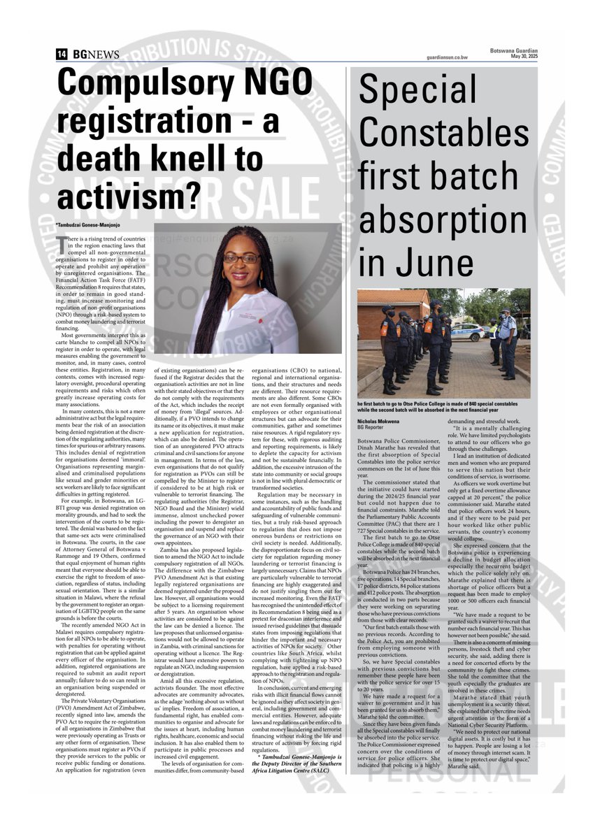 SALC (@follow_salc) on Twitter photo SALC’s Tambudzai Gonese-Manjonjo highlights how restrictive NGO Laws undermine freedom of association. <a href="/BWGuardian/">BotswanaGuardian</a>
Read the article:
enews.mmegi.bw/botswana-guard… SALC’s Tambudzai Gonese-Manjonjo highlights how restrictive NGO Laws undermine freedom of association. <a href="/BWGuardian/">BotswanaGuardian</a>
Read the article:
enews.mmegi.bw/botswana-guard…