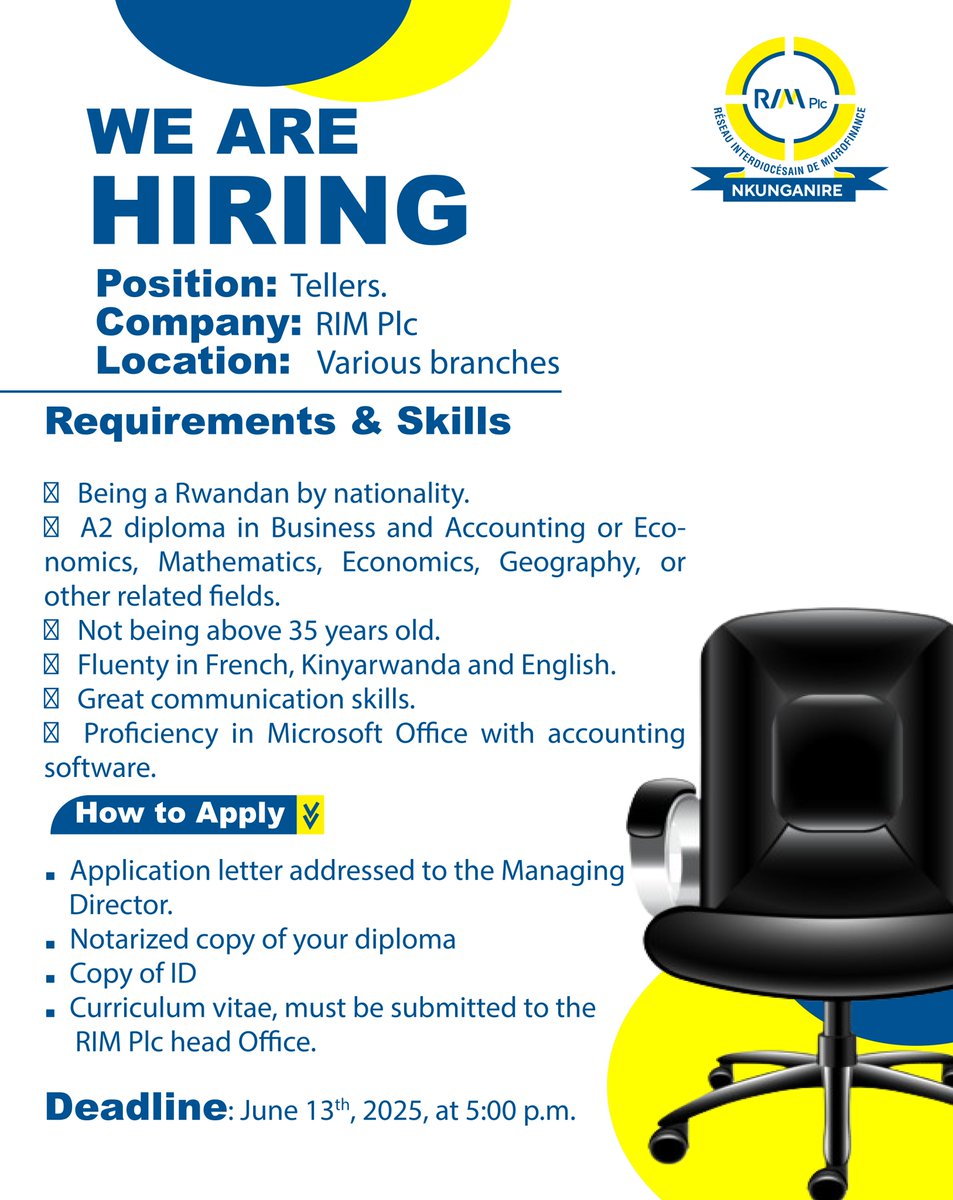 #WeAreHiring at #RIMPlc!
If you’re passionate about innovation and making a difference, take a seat, we’d love to have you on our team. 
Open Positions: #Teller and #AssistantLegal!
Be part of a dynamic, forward-thinking team powering the future of the bank.
#JoinOurTeam #Career