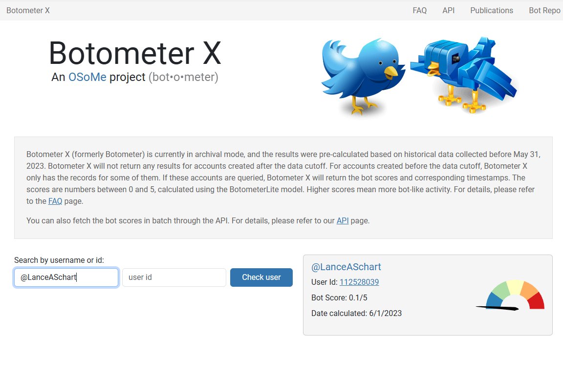 LanceASchart's tweet photo. I assure you, I am not a "bot".

#Botometer @Botometer 

https://t.co/yOfMFBzKWC https://t.co/6ZNeZTMrUx