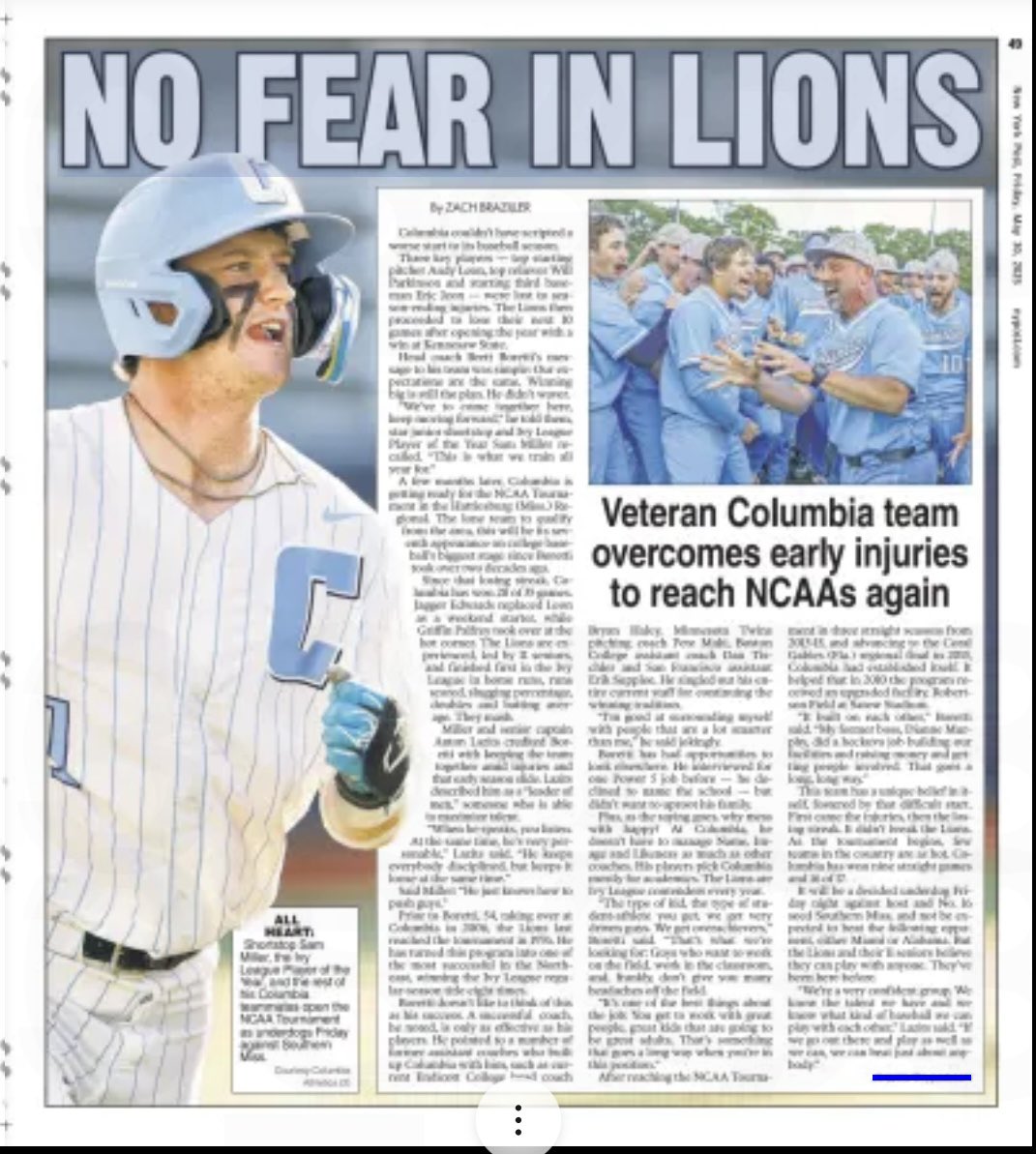 Zach Braziller (@nypost_brazille) on Twitter photo The college baseball NCAA Tournament begins today and <a href="/CULionsBaseball/">Columbia Baseball</a> is the area’s lone rep. Don’t be surprised — Brett Boretti has turned the Lions into an annual contender. “He’s leader of men.”
STORY: nypost.com/2025/05/30/spo… The college baseball NCAA Tournament begins today and <a href="/CULionsBaseball/">Columbia Baseball</a> is the area’s lone rep. Don’t be surprised — Brett Boretti has turned the Lions into an annual contender. “He’s leader of men.”
STORY: nypost.com/2025/05/30/spo…