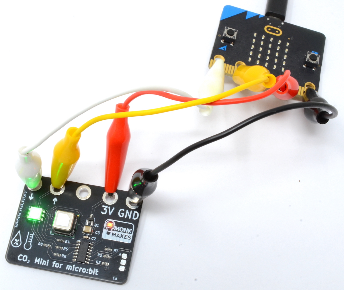 We replaced our CO2 for micro:bit board, with two more compact (and lower cost) boards. monkmakes.com/co2_dock and monkmakes.com/co2_mini.html Choice of alligator leads or docking.