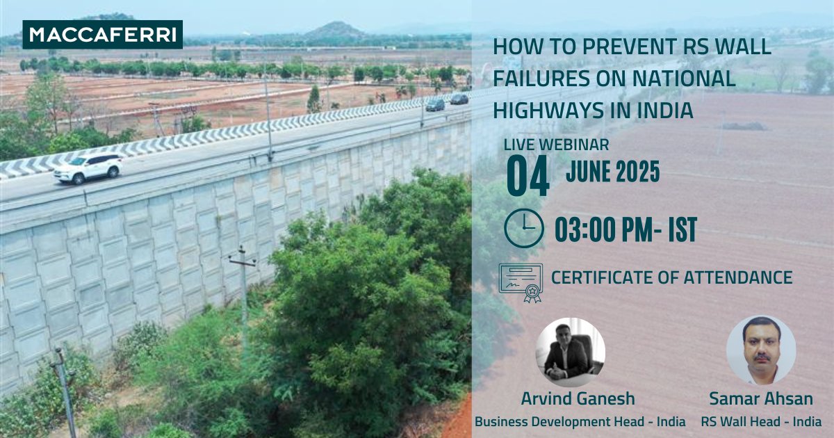Join us on 4 Jun 2025 at 3:00pm - IST for a #webinar on “How to Prevent RS Wall Failures on National Highways in India".
Register: maccaferri.com/in/webinar/how…
The webinar will be addressing the critical issue of #RSwallfailures on #NationalHighways in #India. 

<a href="/NHAI_Official/">NHAI</a>