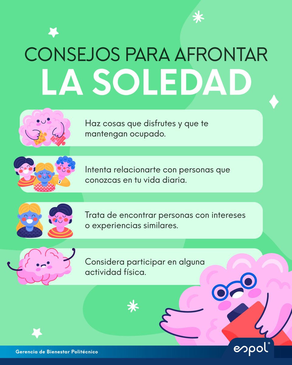 ¿Te has sentido solo últimamente? No estás solo en eso.
Desde Bienestar Politécnico te compartimos consejos prácticos para reconectar y cuidar de ti. 💙
Haz lo que disfrutas, acércate a otros, busca afinidades y muévete.
#ConectamosPorTi #BienestarESPOL #SaludMental