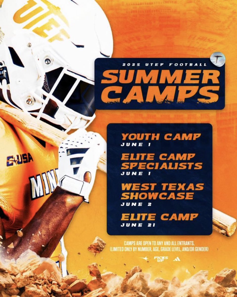 Bryan K. Chung (@coachbkchung) on Twitter photo ๐จ CAMP SEASON KICKS OFF JUNE 1ST โ DONโT MISS OUT!
Lock in your registration now with <a href="/UTEPFB/">UTEP Football</a> ! ๐โ๏ธ
๐
June 1 โ Elite Camp Specialists
๐
June 2 โ West Texas Showcase
๐
June 21 โ Elite Camp
โ
Sign up today: utepfootballcamps.com
#PicksUp #WinTheWest ๐จ CAMP SEASON KICKS OFF JUNE 1ST โ DONโT MISS OUT!
Lock in your registration now with <a href="/UTEPFB/">UTEP Football</a> ! ๐โ๏ธ
๐
June 1 โ Elite Camp Specialists
๐
June 2 โ West Texas Showcase
๐
June 21 โ Elite Camp
โ
Sign up today: utepfootballcamps.com
#PicksUp #WinTheWest
