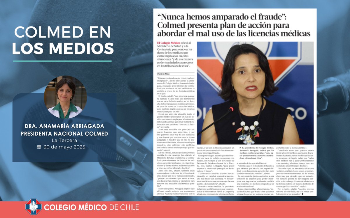 [#ColmedEnLosMedios] 
“Nunca hemos amparado el fraude”: Colmed presenta plan de acción para abordar el mal uso de las licencias médicas, vía <a href="/latercera/">La Tercera</a> 
El Colegio Médico ofició al Ministerio de Salud y a la Contraloría para conocer los datos de los médicos que están implicados