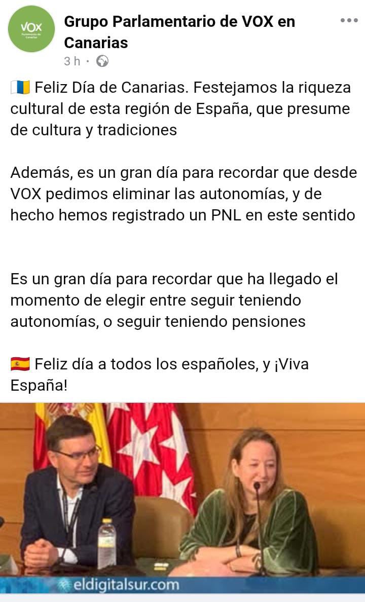 Hoy, Día de Canarias, Vox nos felicita por  y de paso nos quita la autonomía. Como cuando te cantan el cumpleaños feliz mientras te vacían la cuenta bancaria o el camarero te felicitara por venir al restaurante y luego se llevara tu comida.
Gracias por el regalo,VOX.Qué detallazo