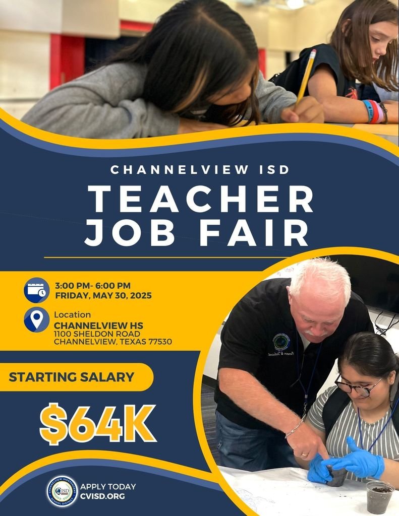 Today’s the day! 
Join us at the CISD Teacher Job Fair from 3–6 PM at Channelview High School.
Start your teaching journey with a $64K salary and become part of a team that inspires, leads, and makes a difference every day.
Don’t miss your chance—let’s shape the future together!