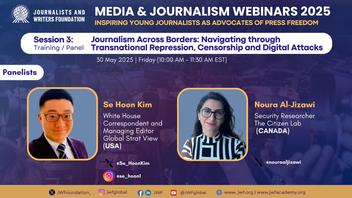 Journalists and Writers Foundation (@jwfoundation_) on Twitter photo Session 3 of #Media_and_JournalismWebinars2025 is happening now hosting expert speakers:
<a href="/nouraaljizawi/">🅽oura 🅰ljizawi</a> speaks on the rise of authoritarian narratives and their digital weapons, surveillance, censorship, repression, targeting journalists far beyond borders. “It’s not just Session 3 of #Media_and_JournalismWebinars2025 is happening now hosting expert speakers:
<a href="/nouraaljizawi/">🅽oura 🅰ljizawi</a> speaks on the rise of authoritarian narratives and their digital weapons, surveillance, censorship, repression, targeting journalists far beyond borders. “It’s not just