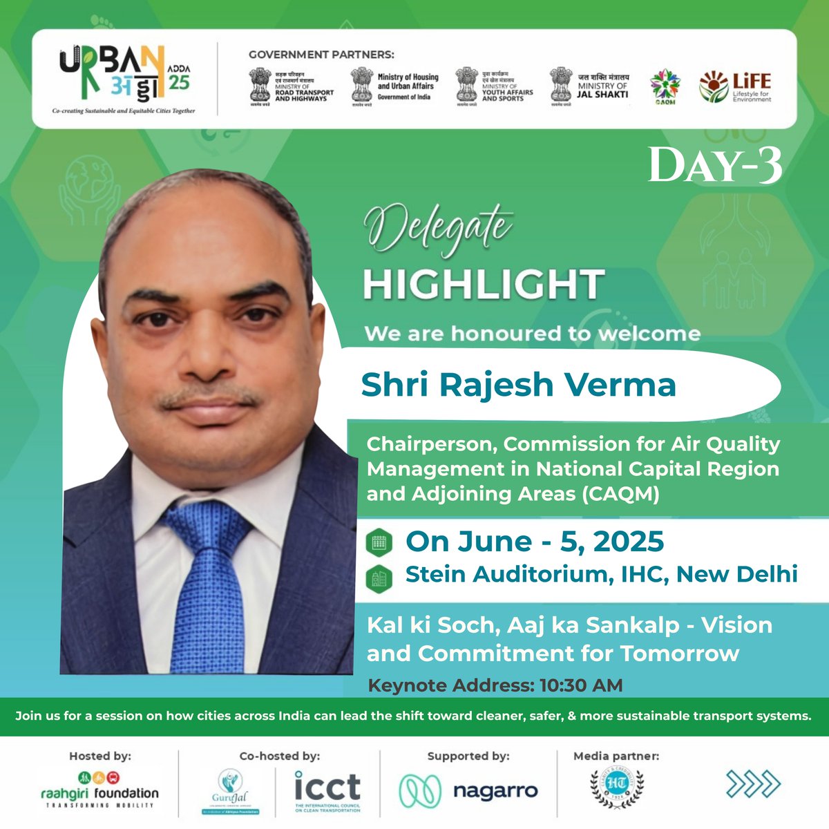 Raahgiri Foundation (@raahgiri_fdn) on Twitter photo ๐ฟ Urban Adda | Day 3 Spotlight ๐ฟ
Thrilled to have Shri Rajesh Verma, Chairperson of the Commission for Air Quality Management (<a href="/CAQM_Official/">Commission for Air Quality Management</a>), join us as the keynote speaker on the final day of Urban Adda at India Habitat Centre (<a href="/IHCDelhi/">India Habitat Centre</a>)! ๐๏ธ
At a time when clean air and ๐ฟ Urban Adda | Day 3 Spotlight ๐ฟ
Thrilled to have Shri Rajesh Verma, Chairperson of the Commission for Air Quality Management (<a href="/CAQM_Official/">Commission for Air Quality Management</a>), join us as the keynote speaker on the final day of Urban Adda at India Habitat Centre (<a href="/IHCDelhi/">India Habitat Centre</a>)! ๐๏ธ
At a time when clean air and