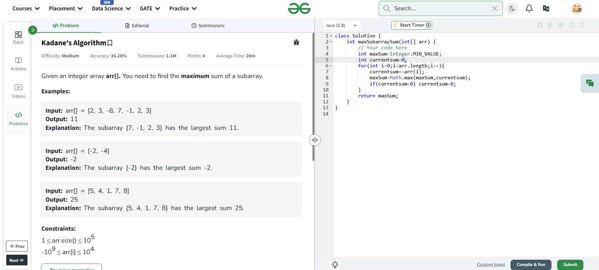 aryaniscoding's tweet image. 🚀 Day 10 of #GFG160DaysChallenge
Problem: Kadane’s Algorithm ➕➖
Approach: Dynamic sliding window to track max subarray sum
✅ Handles negatives, resets sum on dip
#Java #DSA #100DaysOfCode #GeeksForGeeks
