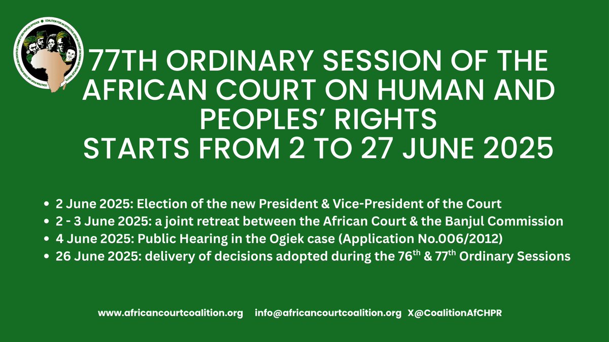 The Coalition for an Effective African Court (@coalitionafchpr) on Twitter photo The 77th Ordinary Session of the African Court <a href="/court_afchpr/">African Court</a> starts on Monday 2 June 2025 at the seat of the Court in Arusha with election of the new President & Vice-President of the Court. The session will run up to 27 June 2025.
Apart from election of the new Bureau, the The 77th Ordinary Session of the African Court <a href="/court_afchpr/">African Court</a> starts on Monday 2 June 2025 at the seat of the Court in Arusha with election of the new President & Vice-President of the Court. The session will run up to 27 June 2025.
Apart from election of the new Bureau, the