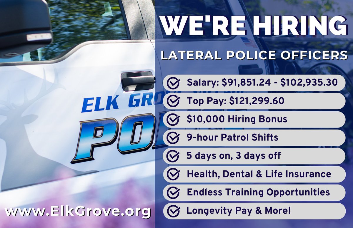 Know someone ready for their next move in law enforcement? We are accepting applications for experienced officers and offering competitive pay, a 10K hiring bonus, and excellent benefits.

👉APPLY TODAY: elkgrove.org/jobs.

#JoinOurTeam #EGVPD #LateralHire #PoliceJobs