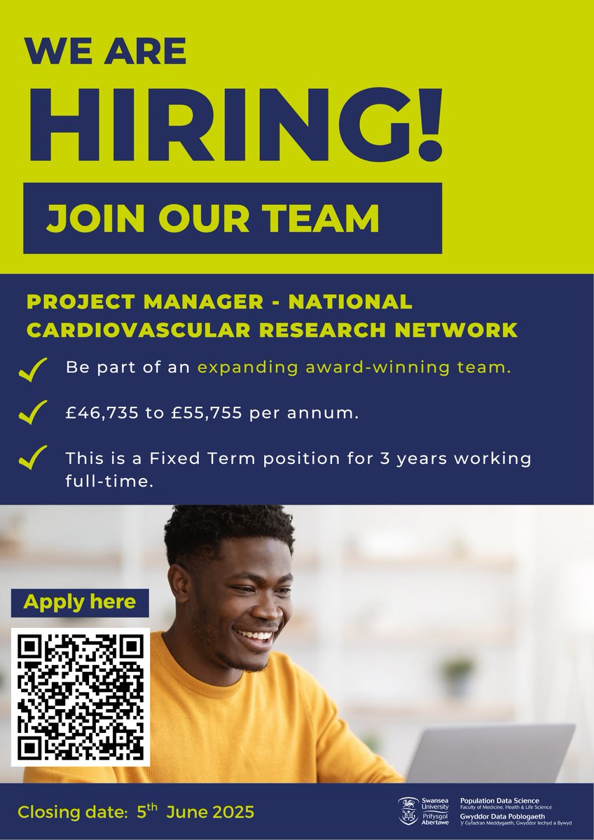 Population Data Science at Swansea University (@popdatasci_su) on Twitter photo 📣New #jobopportunity
Project Manager
Join the NCRN – a Wales-wide cardiovascular research network funded by <a href="/ResearchWales/">Health and Care Research Wales</a> & <a href="/TheBHF/">British Heart Foundation</a>
⌛️Closing tomorrow!
🌍 Collaborate with researchers, clinicians, & funders
🔗Apply now: swansea.ac.uk/jobs-at-swanse… 📣New #jobopportunity
Project Manager
Join the NCRN – a Wales-wide cardiovascular research network funded by <a href="/ResearchWales/">Health and Care Research Wales</a> & <a href="/TheBHF/">British Heart Foundation</a>
⌛️Closing tomorrow!
🌍 Collaborate with researchers, clinicians, & funders
🔗Apply now: swansea.ac.uk/jobs-at-swanse…