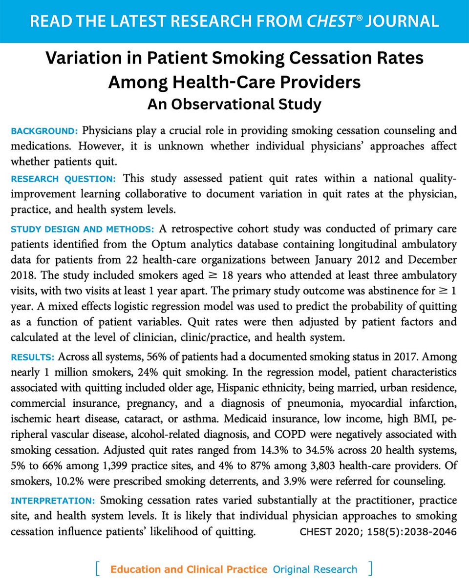 accpchest's tweet image. 🚭 This #WorldNoTobaccoDay, read a retrospective cohort study from the journal CHEST® examining how individual physicians’ approaches may impact patient quit rates.

📖 Read the full study: hubs.la/Q03pX_CW0
#JournalCHEST #SmokingCessation #NoTobacco