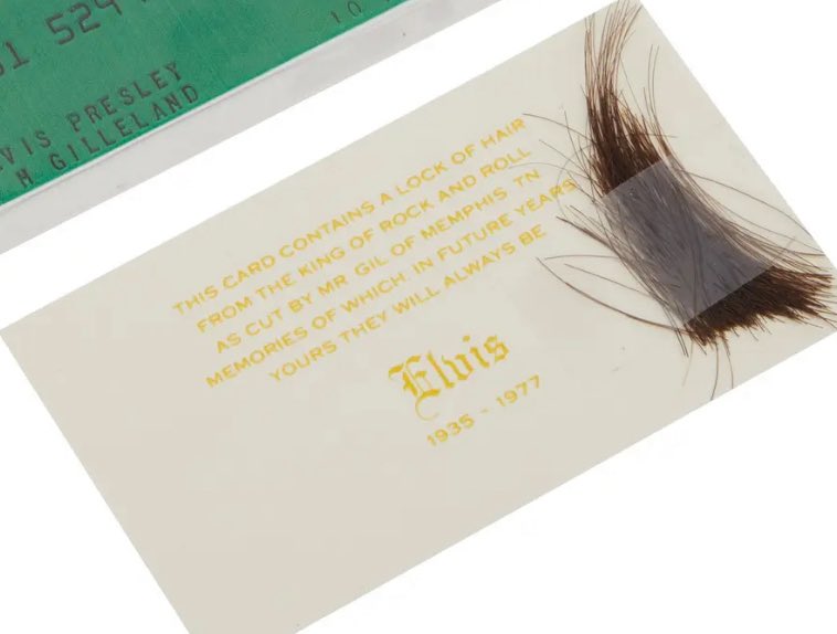 Darren Rovell (@darrenrovell) on Twitter photo A lock of hair from Elvis, snipped and saved by his Memphis barber, just sold at <a href="/JuliensAuctions/">Julien's Auctions</a> for $11,700.
The high estimate was $2,000. A lock of hair from Elvis, snipped and saved by his Memphis barber, just sold at <a href="/JuliensAuctions/">Julien's Auctions</a> for $11,700.
The high estimate was $2,000.