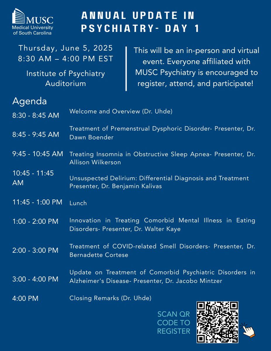 Annual Update in Psychiatry: Treatment and Management of Mental and Behavioral Comorbidities in Medical Disorders

Don’t miss the Annual Update in Psychiatry – it's not too late to register!

In-person attendance is capped at 100 people. Scan the QR code below to register.