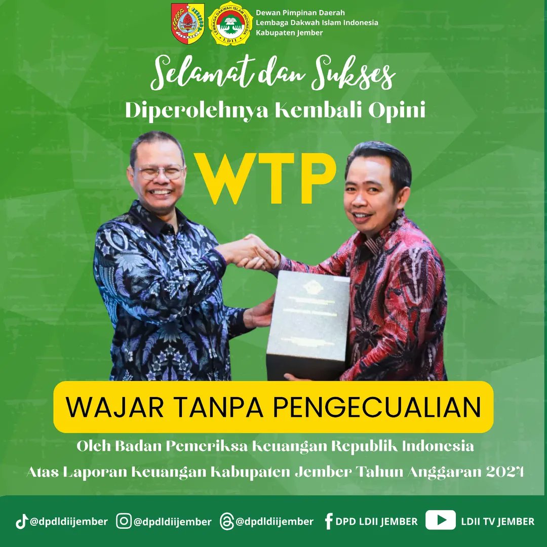 dpdldiijember's tweet photo. Selamat dan Sukses
atas Opini WTP yang telah diperoleh oleh Kabupaten Jember
Semoga penghargaan yang di berikan selalu diberi kelancaran, kebarokahan, serta bisa membawa kemajuan dan kesejahteraan bagi seluruh masyarakat Kabupaten Jember. https://t.co/6Kd2NQT3EI