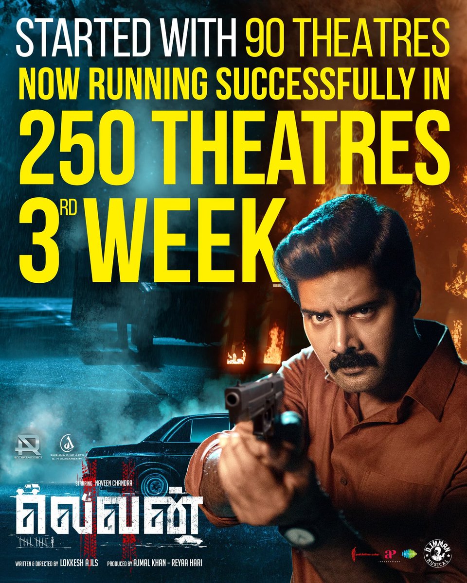 Actor Kayal Devaraj (@kayaldevaraj) on Twitter photo From 90 to 250 theatres 🤩 Roaring strong into Week 3🔥
<a href="/Naveenc212/">Actor Naveen Chandra</a> <a href="/ARentertainoffl/">AR Entertainment</a> <a href="/SushmaCineArts/">Sushma Cine Arts</a> <a href="/lokeshajls/">Lokkesh Ajls</a> <a href="/immancomposer/">D.IMMAN</a> <a href="/actressReyaa/">Reyaa</a> <a href="/abhiramiact/">Abhirami</a> <a href="/Riythvika/">Riythvika✨</a> <a href="/ActorDileepan/">Dileepan</a> @actorshashank <a href="/karthikisc/">KARTHIK DOP</a> <a href="/srikanth_nb/">EditorSrikanthNB</a> <a href="/saregamasouth/">Saregama South</a> <a href="/onlynikil/">Nikil Murukan</a> From 90 to 250 theatres 🤩 Roaring strong into Week 3🔥
<a href="/Naveenc212/">Actor Naveen Chandra</a> <a href="/ARentertainoffl/">AR Entertainment</a> <a href="/SushmaCineArts/">Sushma Cine Arts</a> <a href="/lokeshajls/">Lokkesh Ajls</a> <a href="/immancomposer/">D.IMMAN</a> <a href="/actressReyaa/">Reyaa</a> <a href="/abhiramiact/">Abhirami</a> <a href="/Riythvika/">Riythvika✨</a> <a href="/ActorDileepan/">Dileepan</a> @actorshashank <a href="/karthikisc/">KARTHIK DOP</a> <a href="/srikanth_nb/">EditorSrikanthNB</a> <a href="/saregamasouth/">Saregama South</a> <a href="/onlynikil/">Nikil Murukan</a>