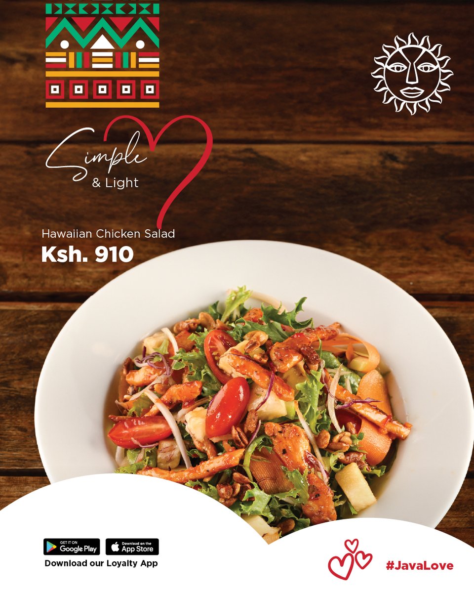 Have a lovely dinner this evening with a bowl of grilled chicken strips on a bed of mixed lettuce, cherry tomatoes, red onions, cucumber and carrot ribbons. Order our Hawaiian Chicken Salad and enjoy!
#JavaLove
