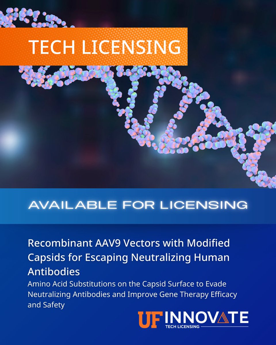 UF Innovate | Tech Licensing (@ufotl) on Twitter photo .<a href="/UFMedicine/">UF Medicine</a> researchers engineered a new AAV9 capsid that avoids detection by the immune system—making gene therapy safer, more effective, and available to more patients. A major step forward in expanding access to treatment. 🧬
🔗: ufinnovate.technologypublisher.com/tech/Recombina… .<a href="/UFMedicine/">UF Medicine</a> researchers engineered a new AAV9 capsid that avoids detection by the immune system—making gene therapy safer, more effective, and available to more patients. A major step forward in expanding access to treatment. 🧬
🔗: ufinnovate.technologypublisher.com/tech/Recombina…
