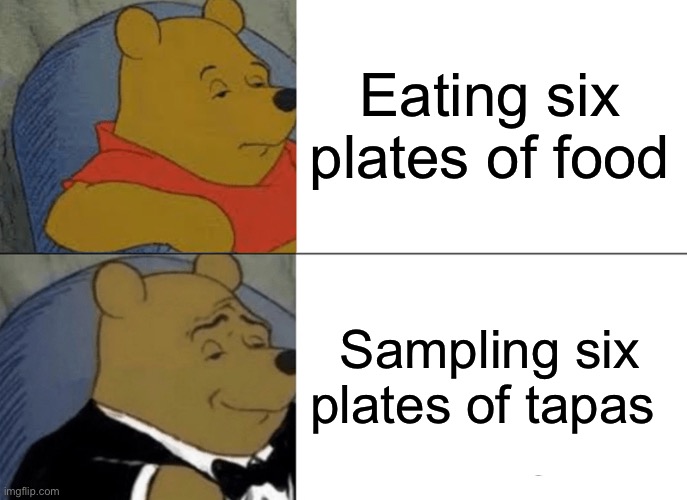 "Tapas: the tiny plates that prove sharing is caring—unless it's with yourself, because self-love comes first! So, who’s joining me for a little bite of happiness tonight? 🍽️😉 #TapasTime #SelfLoveFirst"