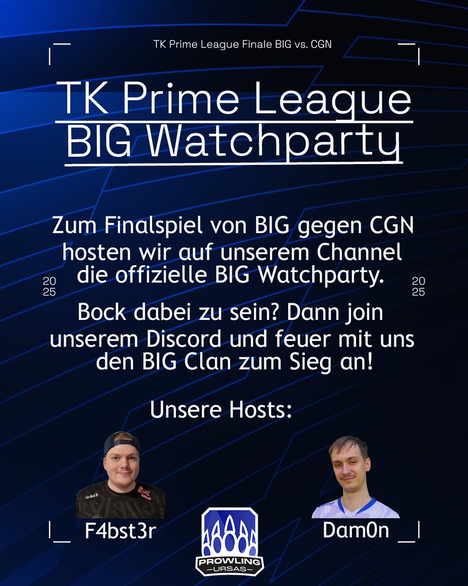 Zum heutigen <a href="/PrimeLeague/">Die Techniker Prime League</a> Finale haben wir ein dickes Schmankerl! Der <a href="/BIGCLANgg/">BIG</a> hat gerufen und wir haben geantwortet. Wir hosten heute die Watchparty auf unserem Channel und Ihr könnt dabei sein!

Join unserem Discord und feuer mit uns BIG an! 

Los geht es um 18:00
#GEMEINSAM
