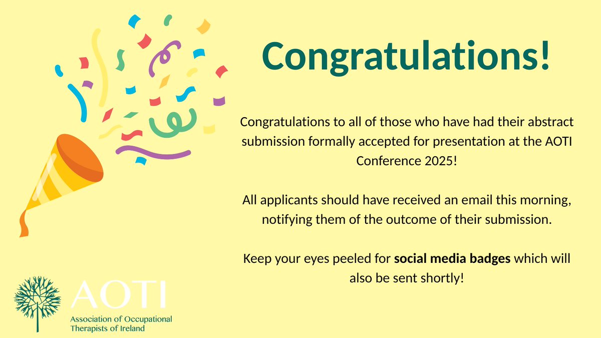 Check your emails!✉️

All individuals who submitted to the AOTI Conference 2025 should have received an email earlier today notifying them of the outcome.

Keep an eye on your inbox for social badges which are coming your way 🪪

For more visit: ow.ly/YF8l50VYJsu

#AOTI2025