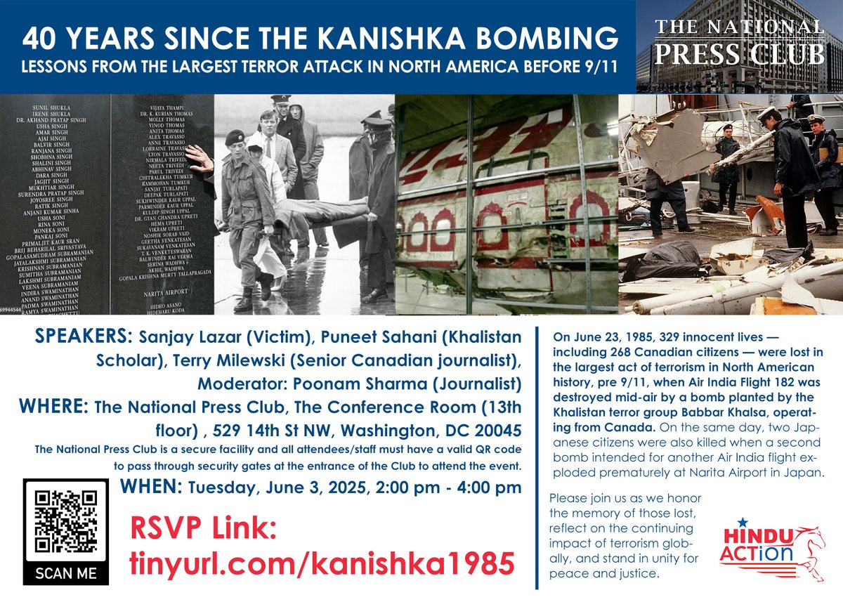 There are lessons that apply today, more than ever before, from the largest terror attack in North America, that occurred prior to 9/11. 
Join the conversation at the National Press Club on Tuesday, June 3rd at 2PM. 
RSVP required for entry: tinyurl.com/kanishka1985