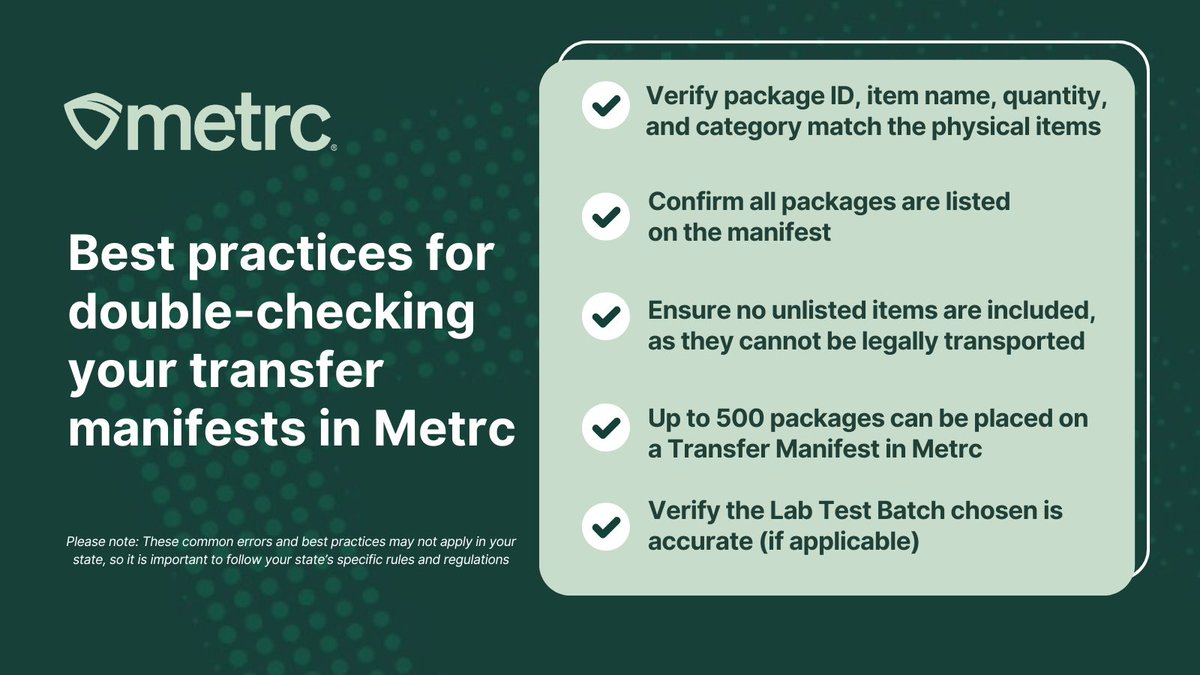 Before submitting your cannabis transfer manifest, double-check product names and weights. It’s a simple step that prevents compliance issues and saves time.

Get more best practices: metrc.com/streamlining-c…