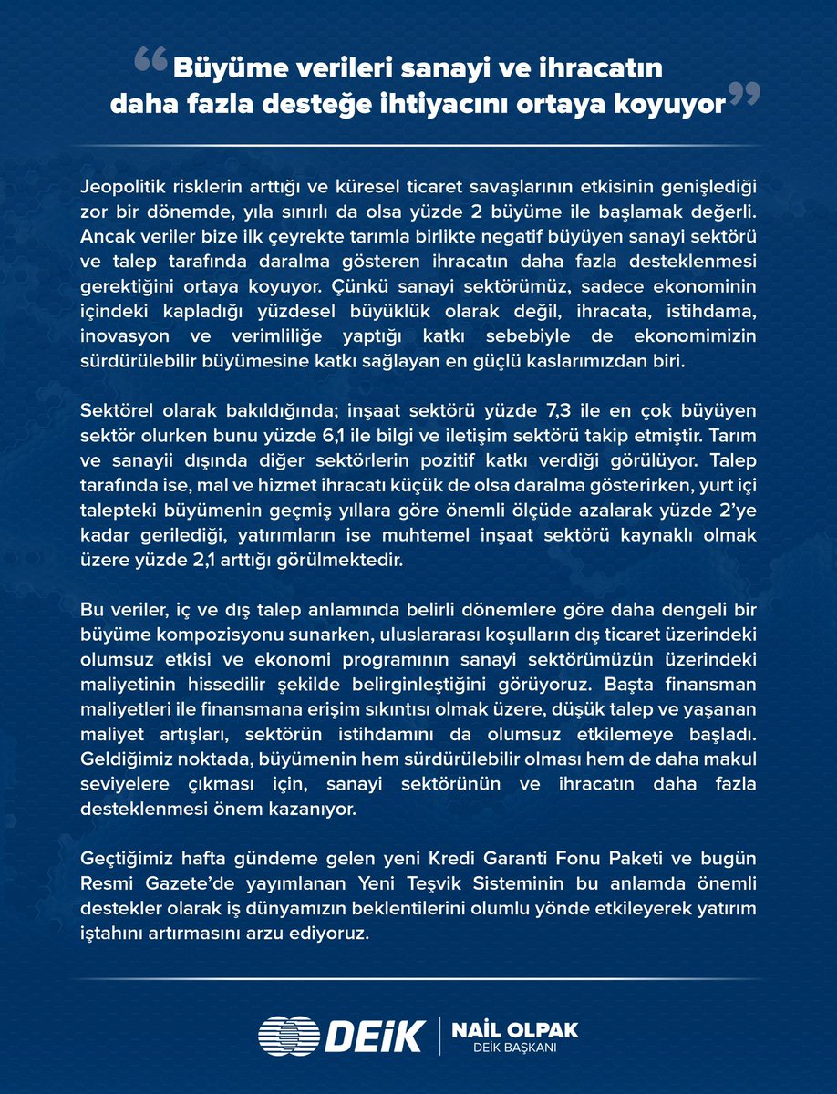 Bugün açıklanan ilk çeyrek büyüme verilerine ilişkin değerlendirmemiz 👇

#İşimizTicariDiplomasi